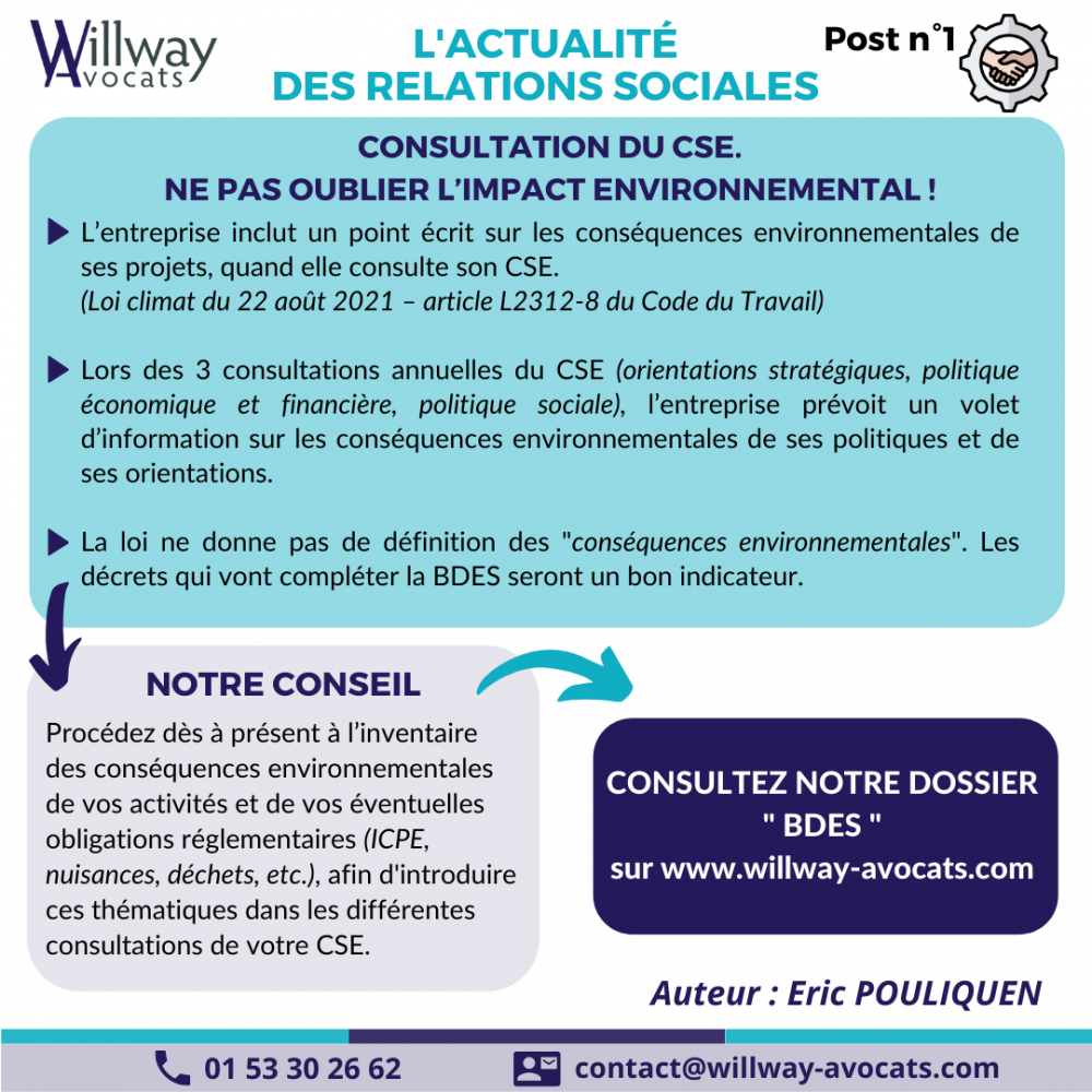 Consultation du CSE. Ne pas oublier l’impact environnemental !