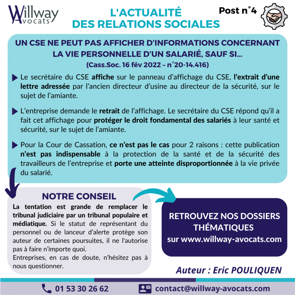 Un CSE ne peut pas afficher d'informations concernant la vie personnelle d'un salarié, sauf si...
