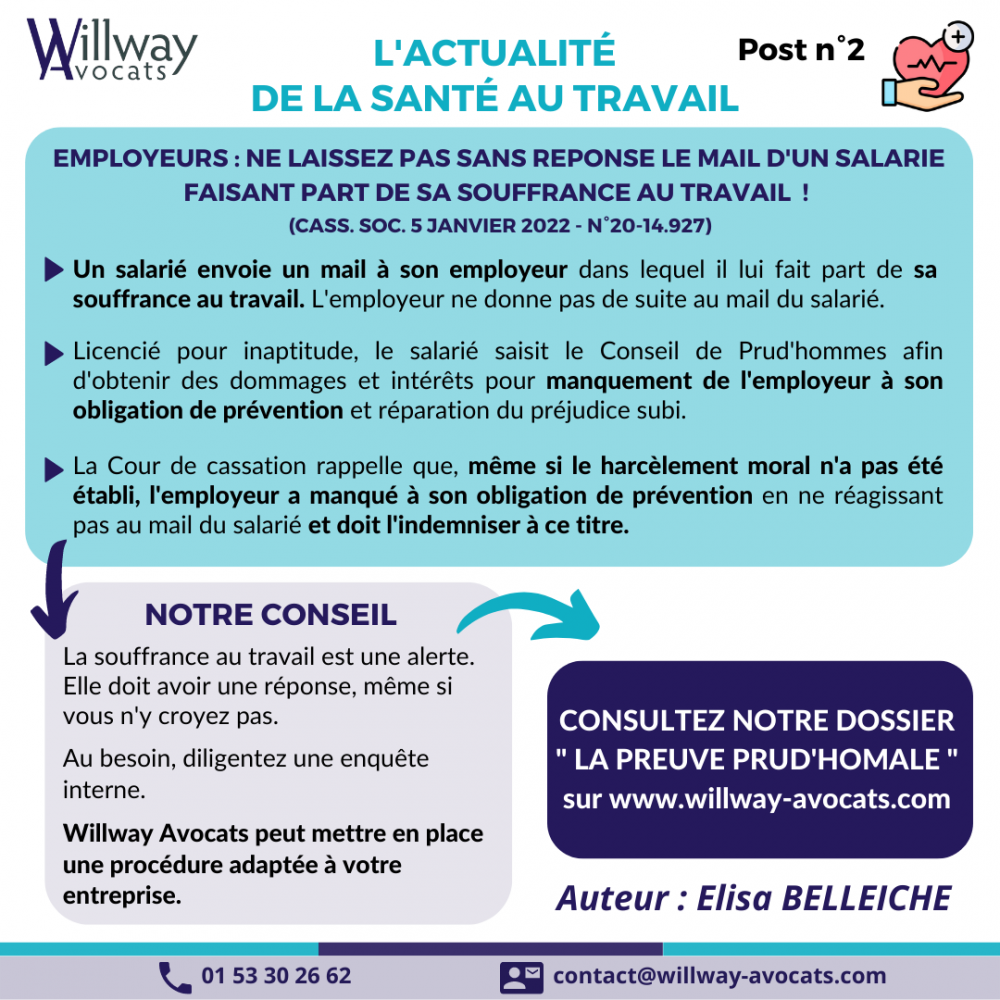 Employeurs : Ne laissez pas sans réponse le mail d'un salarie faisant part de sa souffrance au travail ! (Cass. soc. 5 janvier 2022 - n°20-14.927)