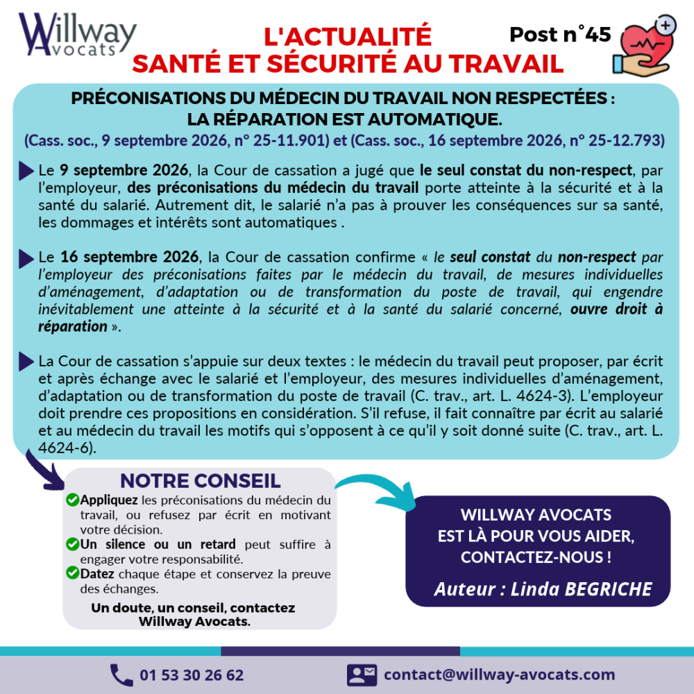 Préconisations du médecin du travail non respectées : la réparation est automatique.