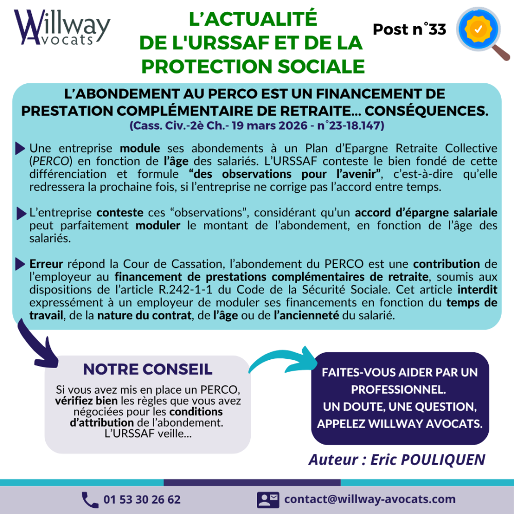 L'abondement au PERCO est un financement de prestation complémentaire de retraite... Conséquences.