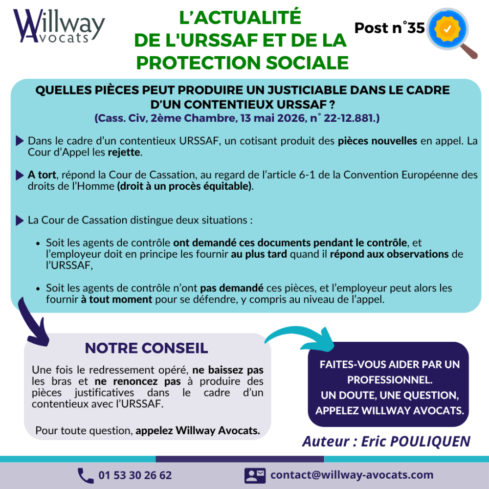 Quelles pièces peut produire un justiciable dans le cadre d'un contentieux URSSAF ?