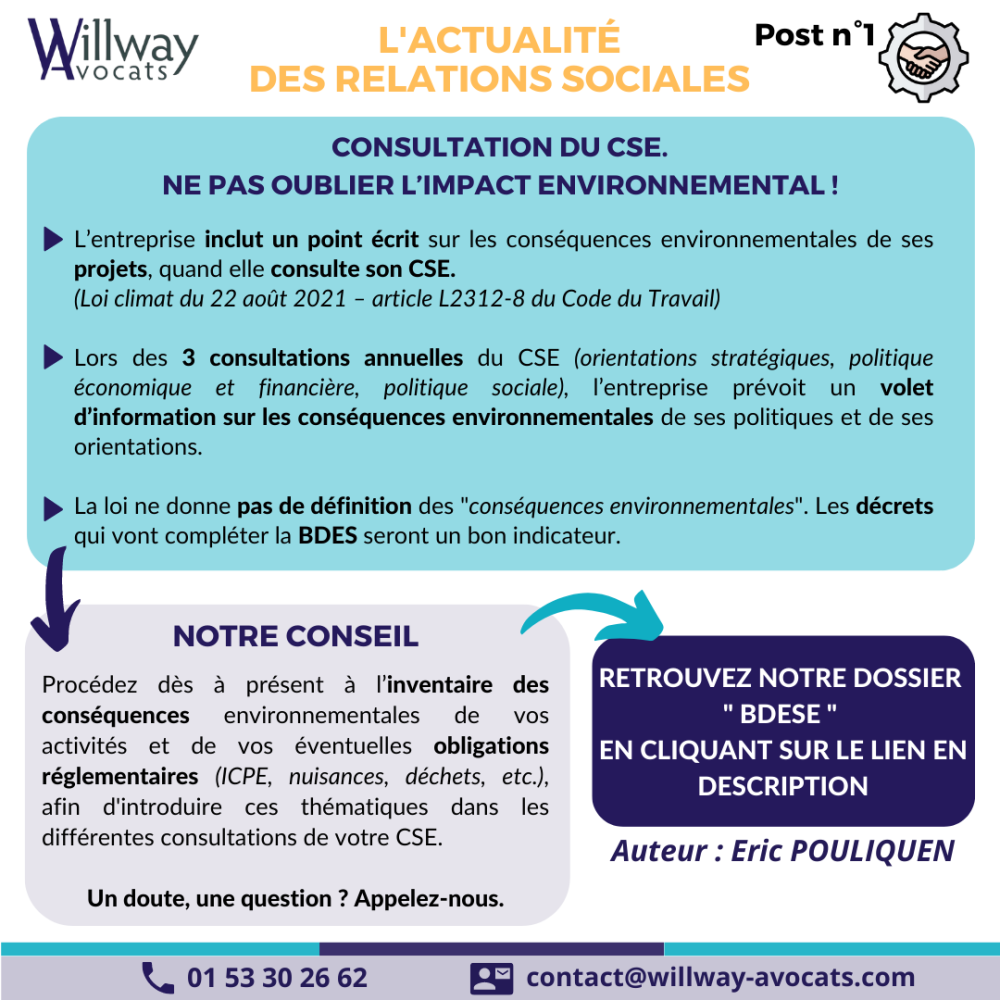 Consultation du CSE. Ne pas oublier l’impact environnemental !