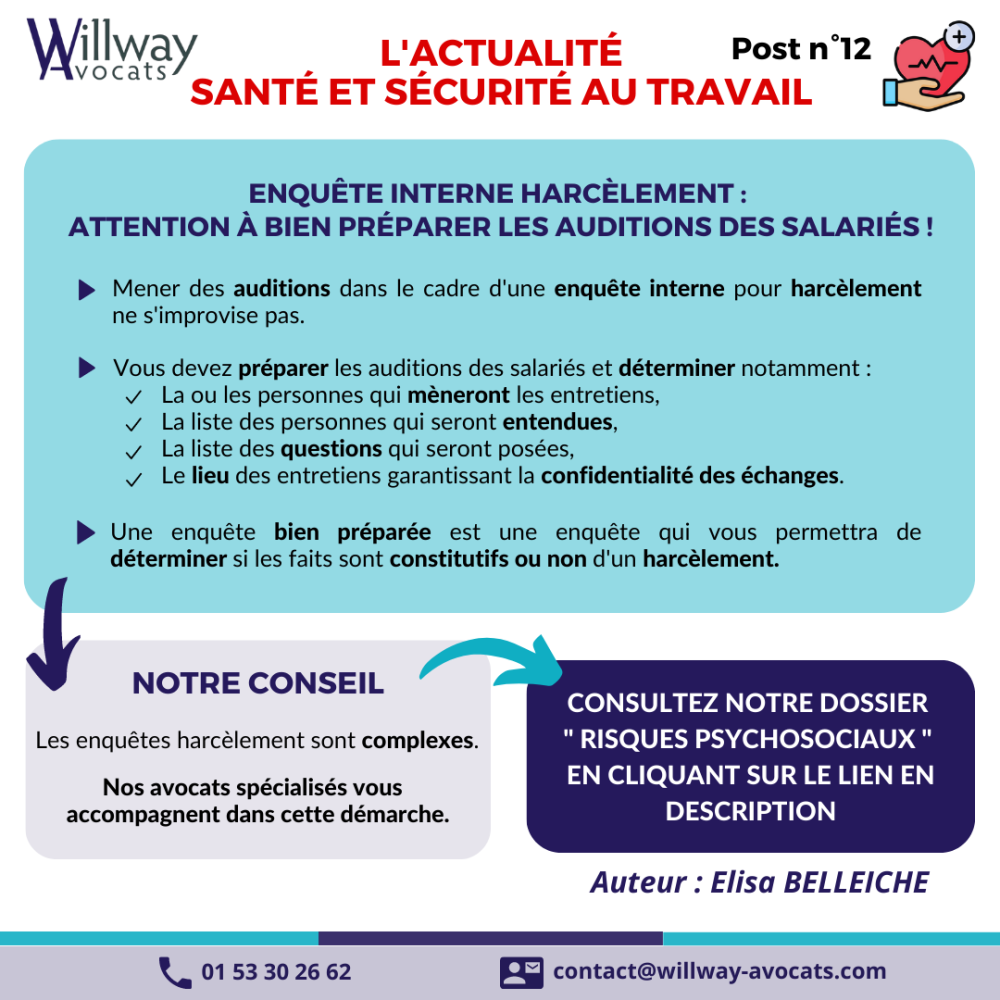 Enquête interne harcèlement: attention à bien préparer les auditions des salariés!