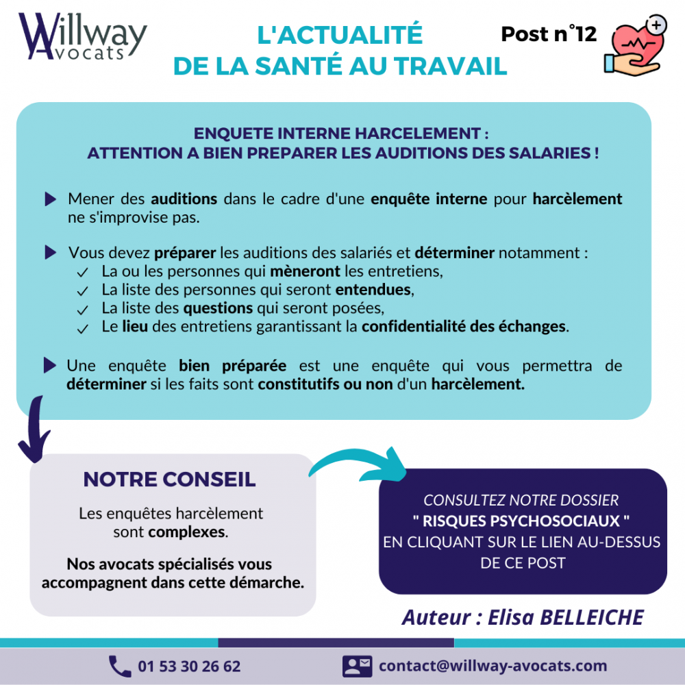Enquête interne harcèlement: attention à bien préparer les auditions des salariés!