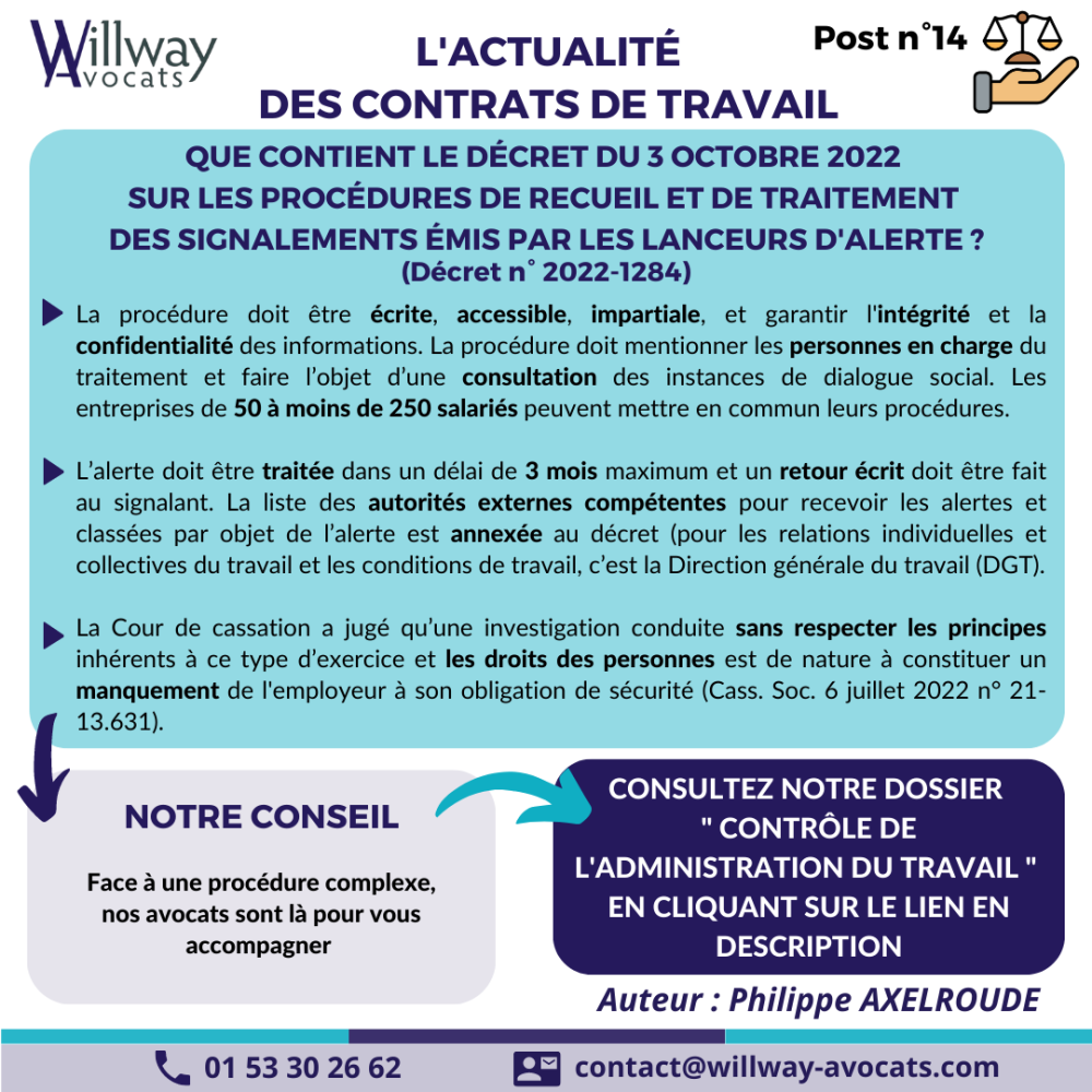 Que contient le décret du 3 octobre 2022 relatif aux procédures de recueil et de traitement des signalements émis par les lanceurs d'alerte?