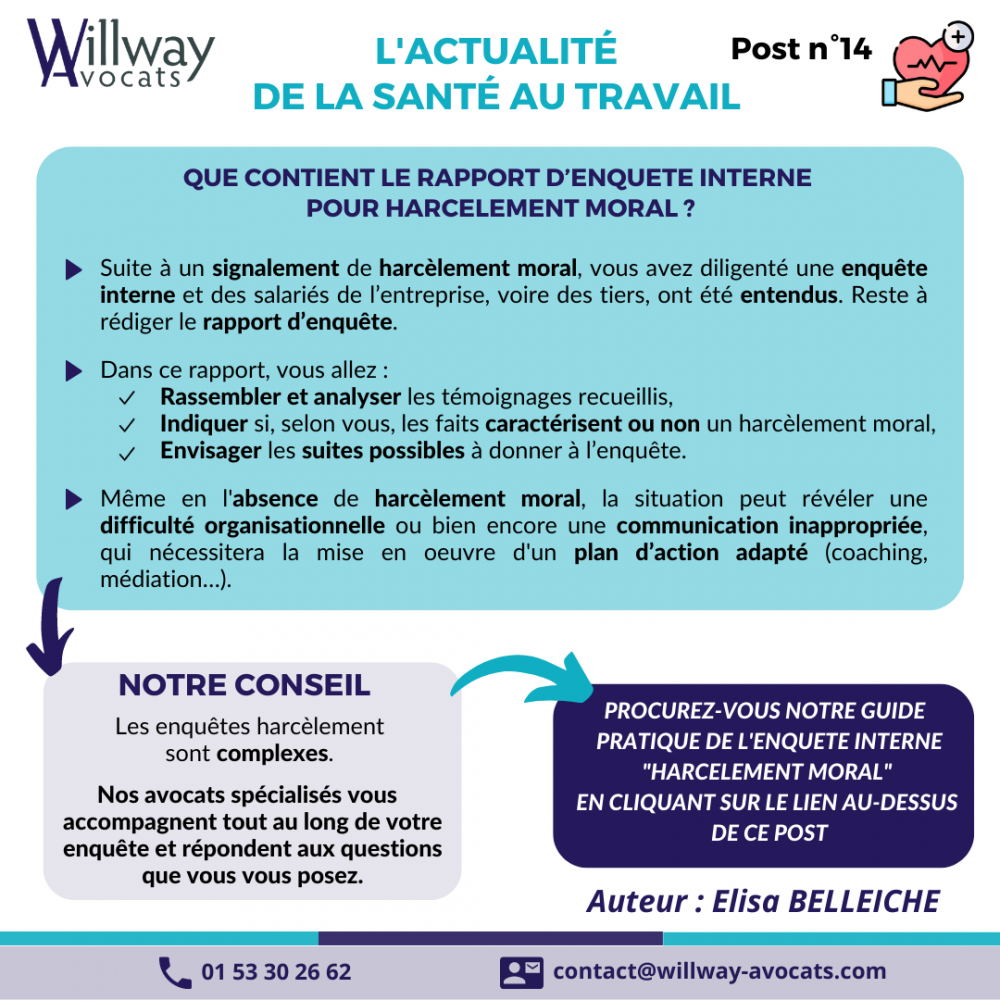 Que contient le rapport d'enquête interne pour harcèlement moral?