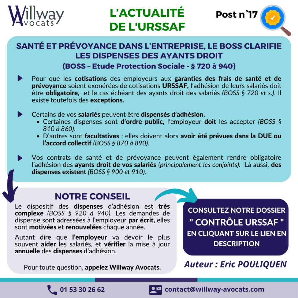 Santé et prévoyance dans l’entreprise, le BOSS clarifie les dispenses des ayants droit