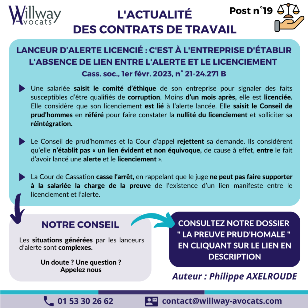 Lanceur d'alerte licencié : c'est à l'entreprise d'établir l'absence de lien entre l'alerte et le licenciement 