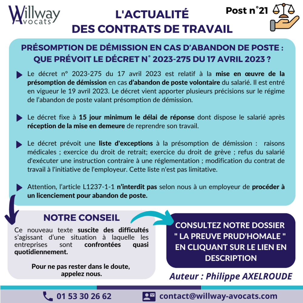 Présomption de démission en cas d’abandon de poste : que prévoit le décret n° 2023-275 du 17 avril 2023 ?