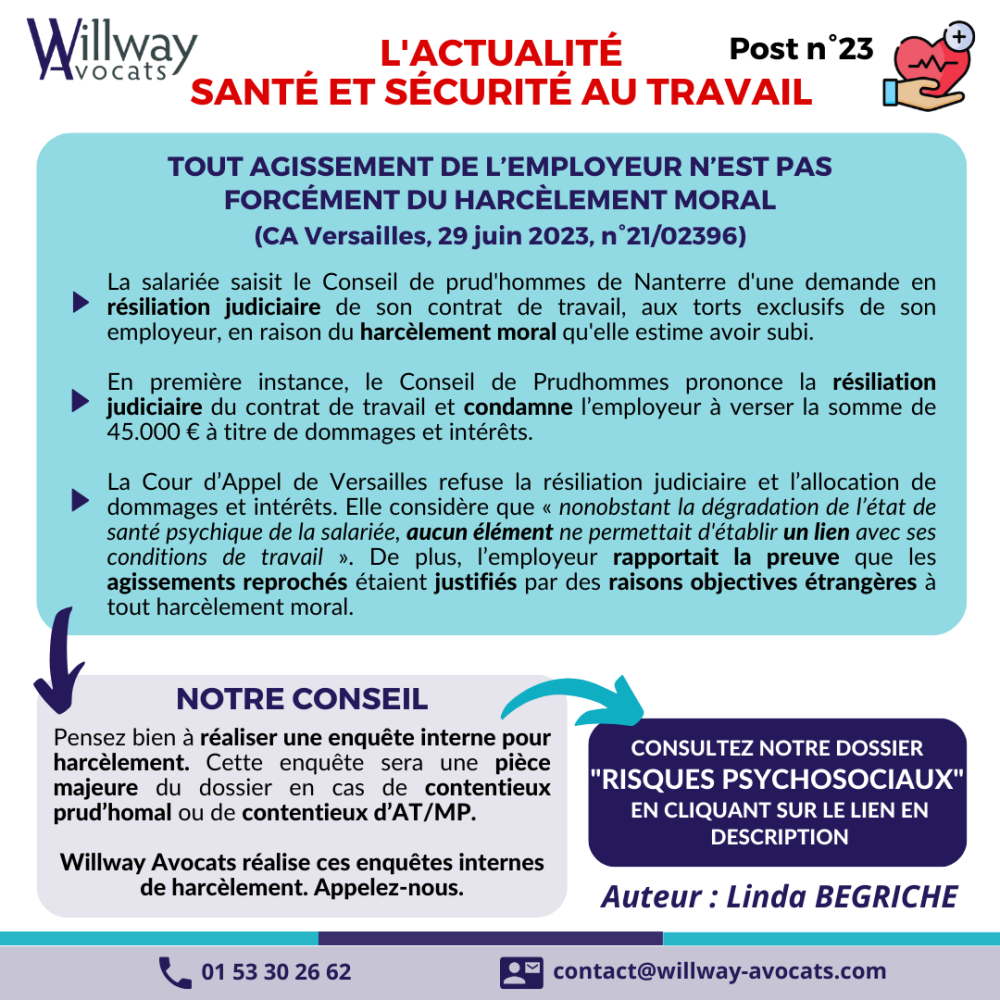 Tout agissement de l’employeur n’est pas forcément du harcèlement moral