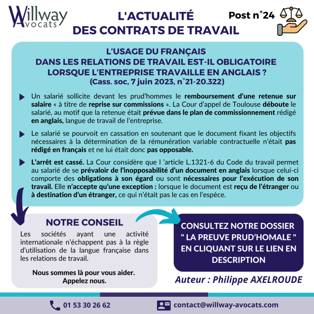 L’usage du français  dans les relations de travail est-il obligatoire  lorsque l’entreprise travaille en anglais ?