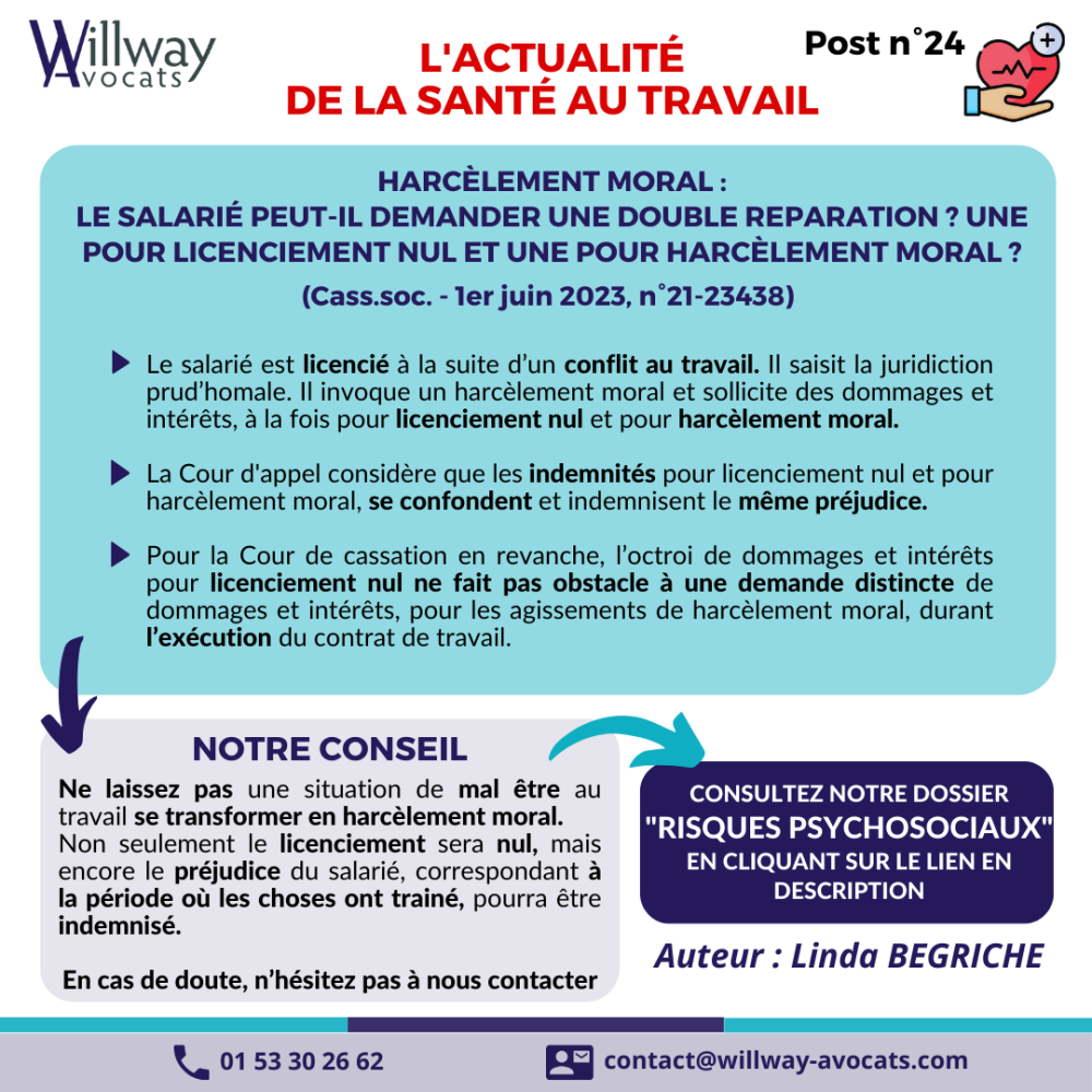 Harcèlement moral : le salarié peut-il demander une double réparation? Une pour licenciement nul et une pour harcèlement moral?
