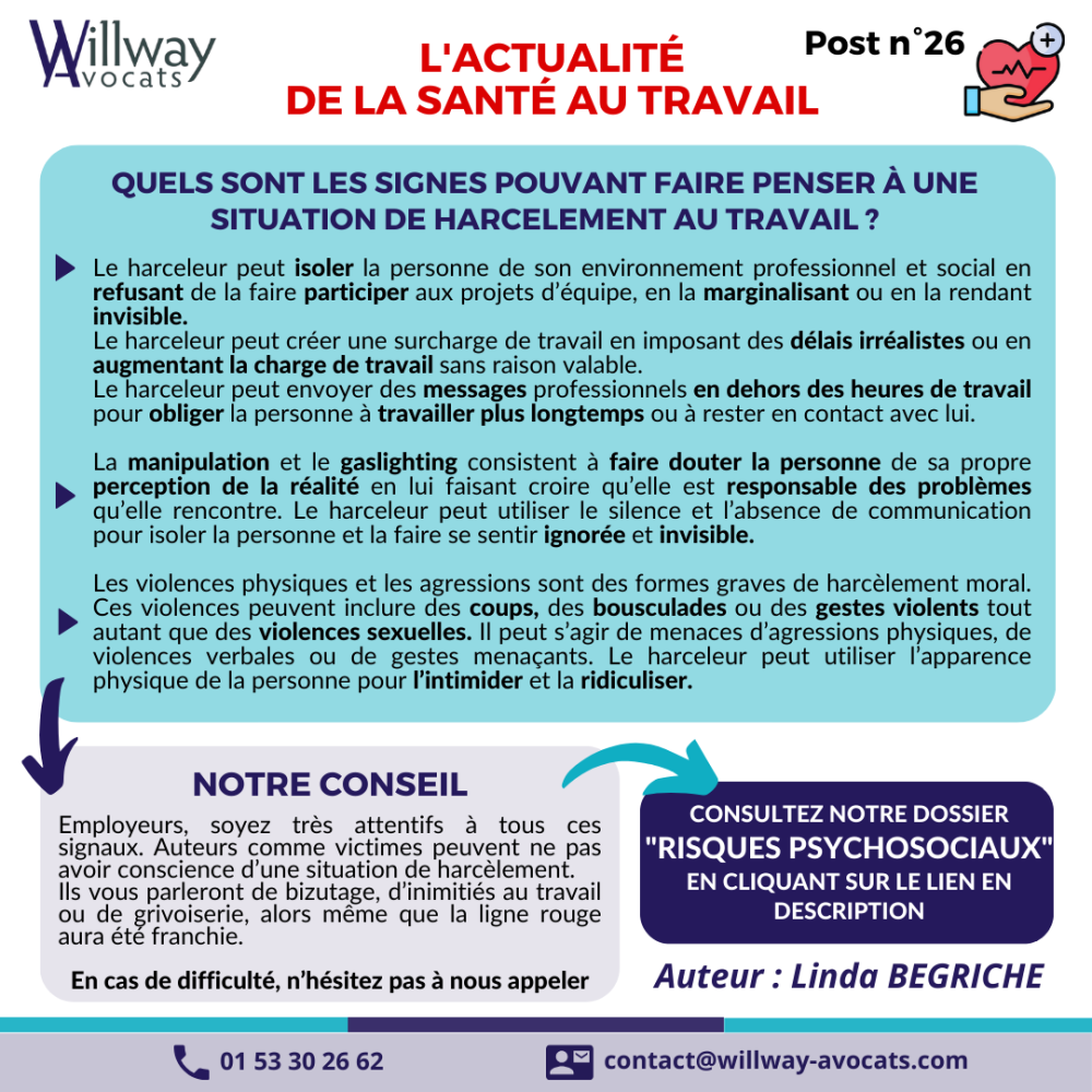 Quels sont les signes pouvant faire penser à une situation de harcèlement au travail ?