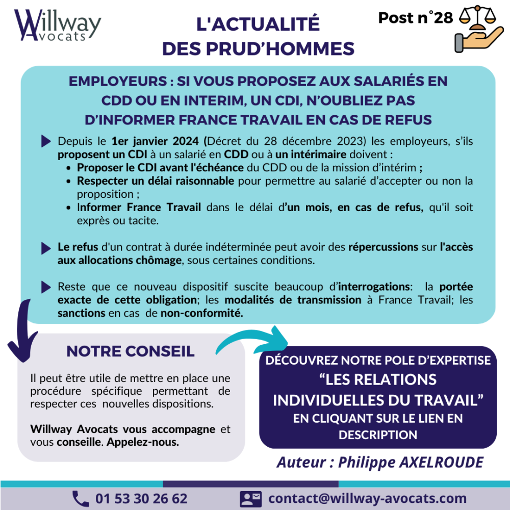 Employeurs : si vous proposez aux salariés en CDD ou en intérim, un CDI, n’oubliez pas d’informer France travail en cas de refus