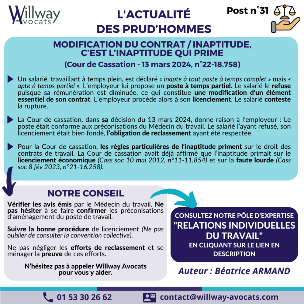 Modification du contrat / inaptitude,  c’est l’inaptitude qui prime