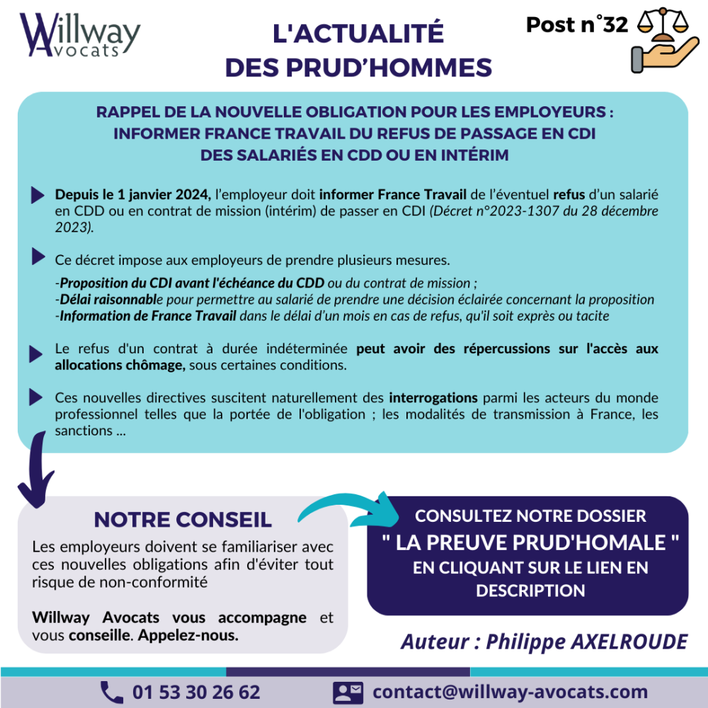 Rappel de la nouvelle obligation pour les employeurs : informer France Travail du refus de passage en CDI des salariés en CDD ou en intérim