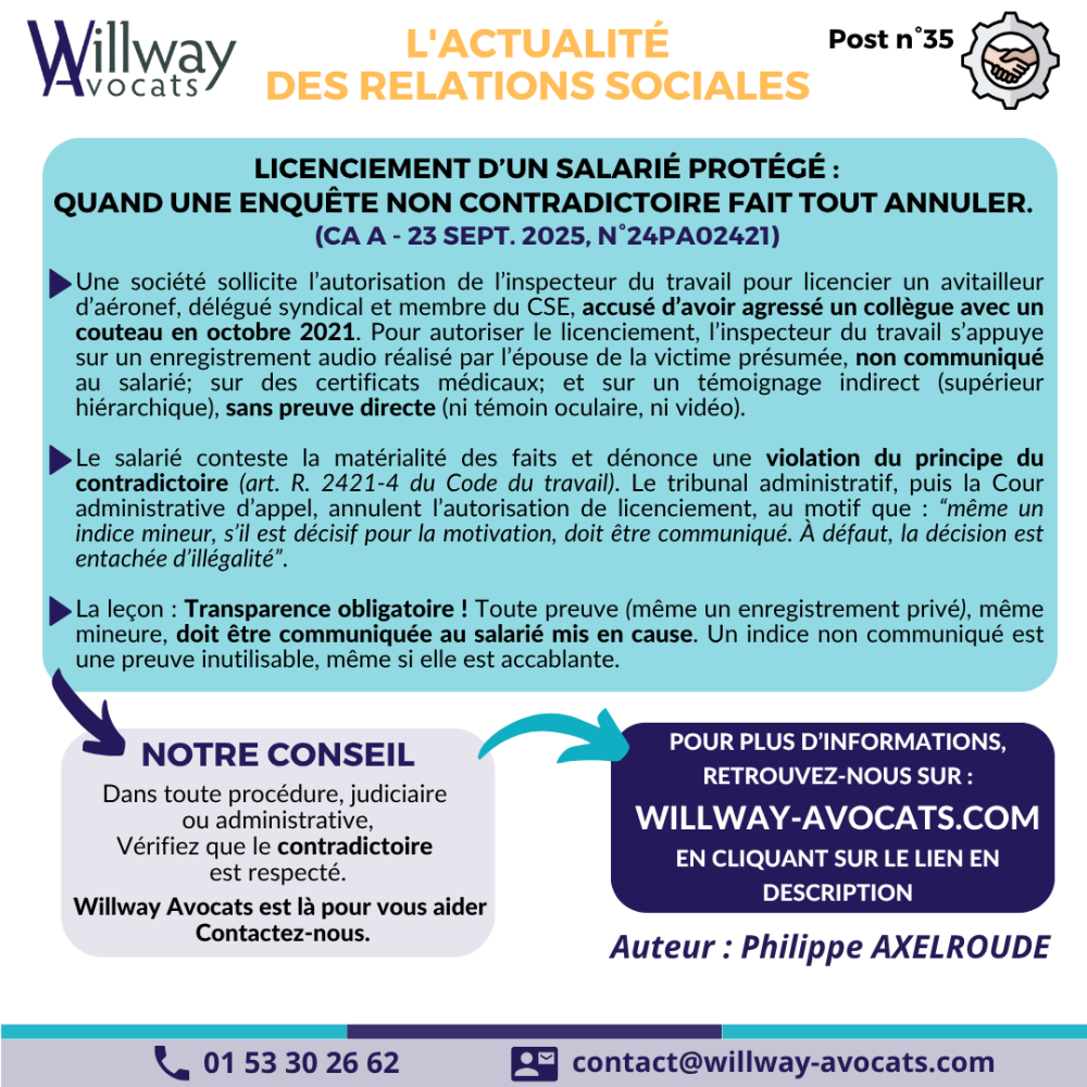 Licenciement d'un salarié protégé : quand une enquête non contradictoire fait tout annuler. 