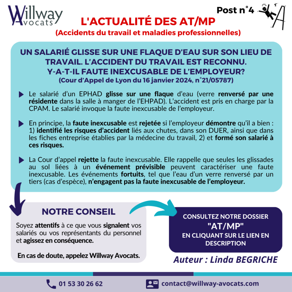 Un salarié glisse sur une flaque d'eau sur son lieu de travail. L'accident du travail est reconnu. Y-a-t-il faute inexcusable de l’employeur? 