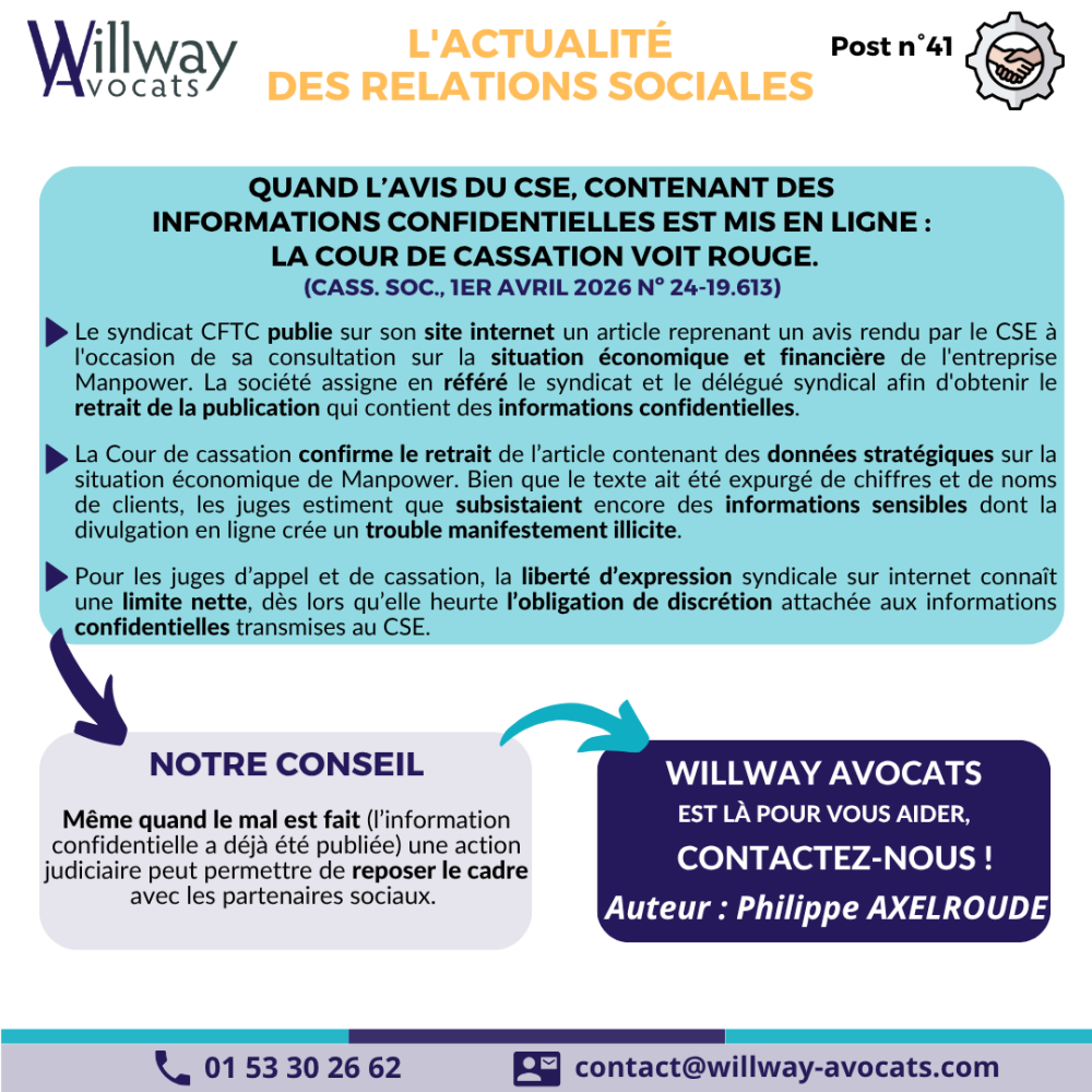 Quand l'avis du CSE, contenant des informations confidentielles est mis en ligne : la Cour de Cassation voit rouge.