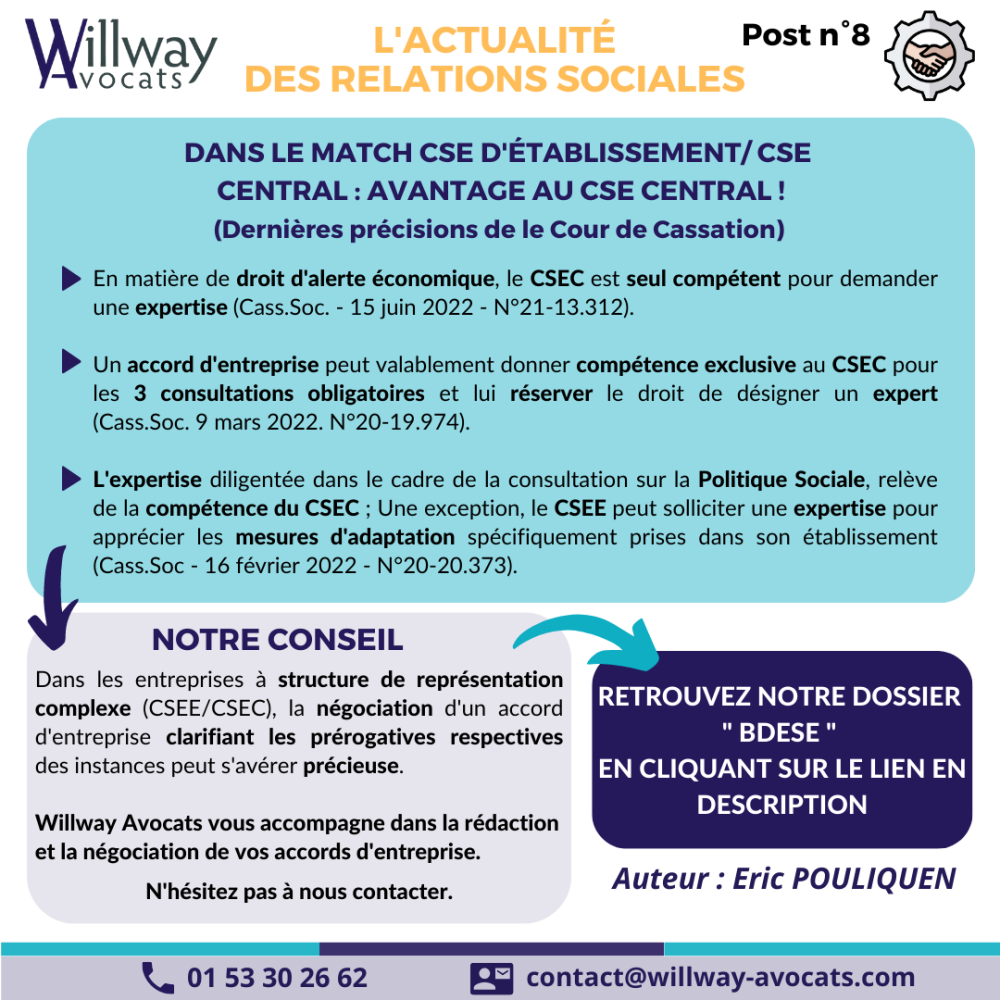 Dans le match CSE d'établissement/CSE central: avantage au CSE central! (dernières précisions de la Cour de Cassation)