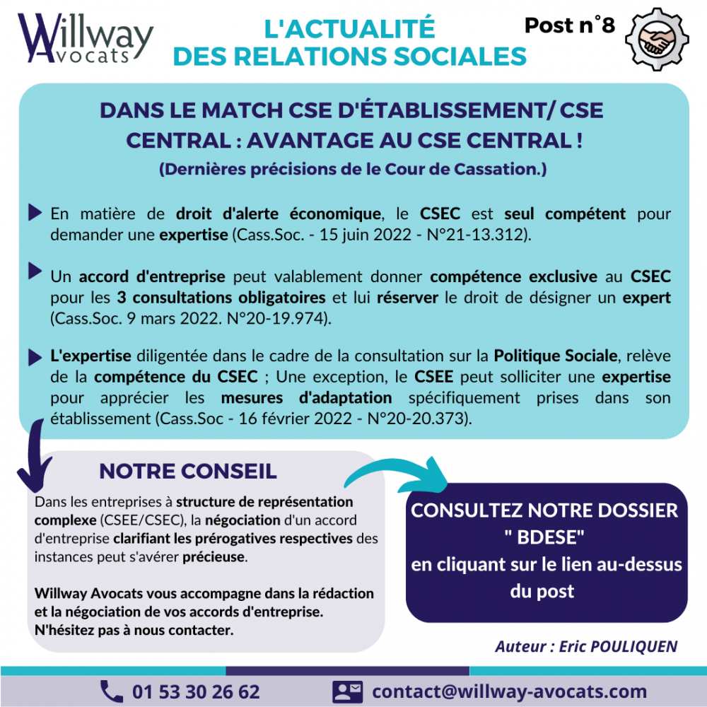 Dans le match CSE d'établissement/CSE central: avantage au CSE central! (dernières précisions de la Cour de Cassation)