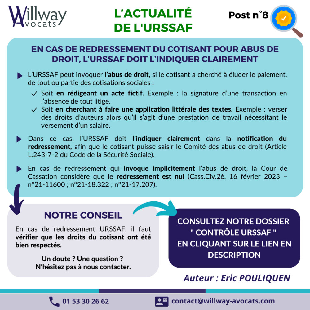 En cas de redressement du cotisant pour abus de droit, l’URSSAF doit l'indiquer clairement