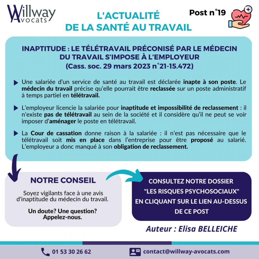 Inaptitude : le télétravail préconisé par le médecin du travail s’impose à l’employeur