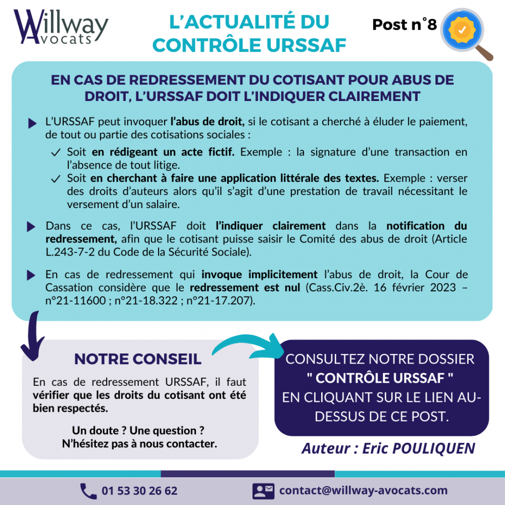 En cas de redressement du cotisant pour abus de droit, l’URSSAF doit l'indiquer clairement