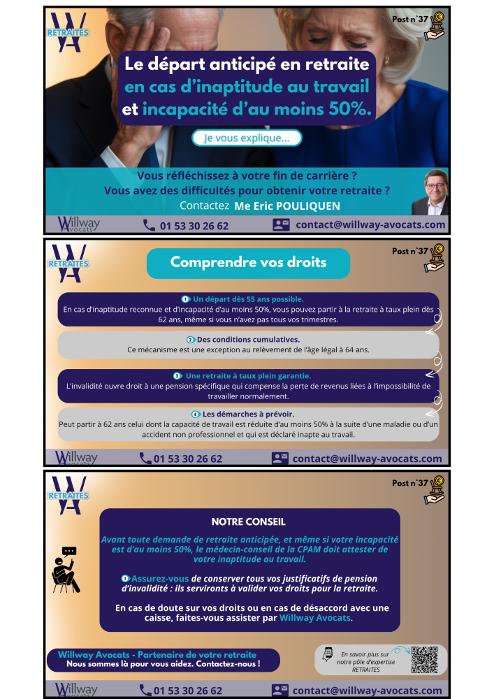 Le départ anticipé en retraite en cas d'inaptitude au travail et incapacité d'au moins 50%.